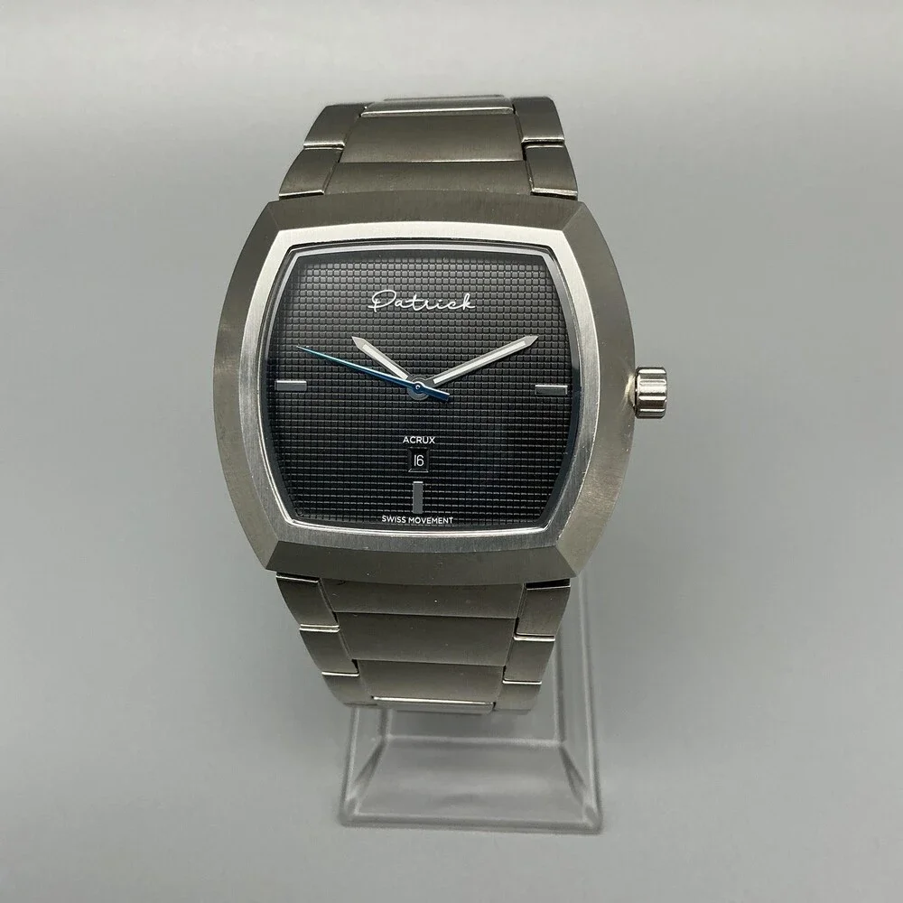 Patrick Acrux Mens Watch 40mm Black Dial Stainless Date Bracelet New Batttery 7